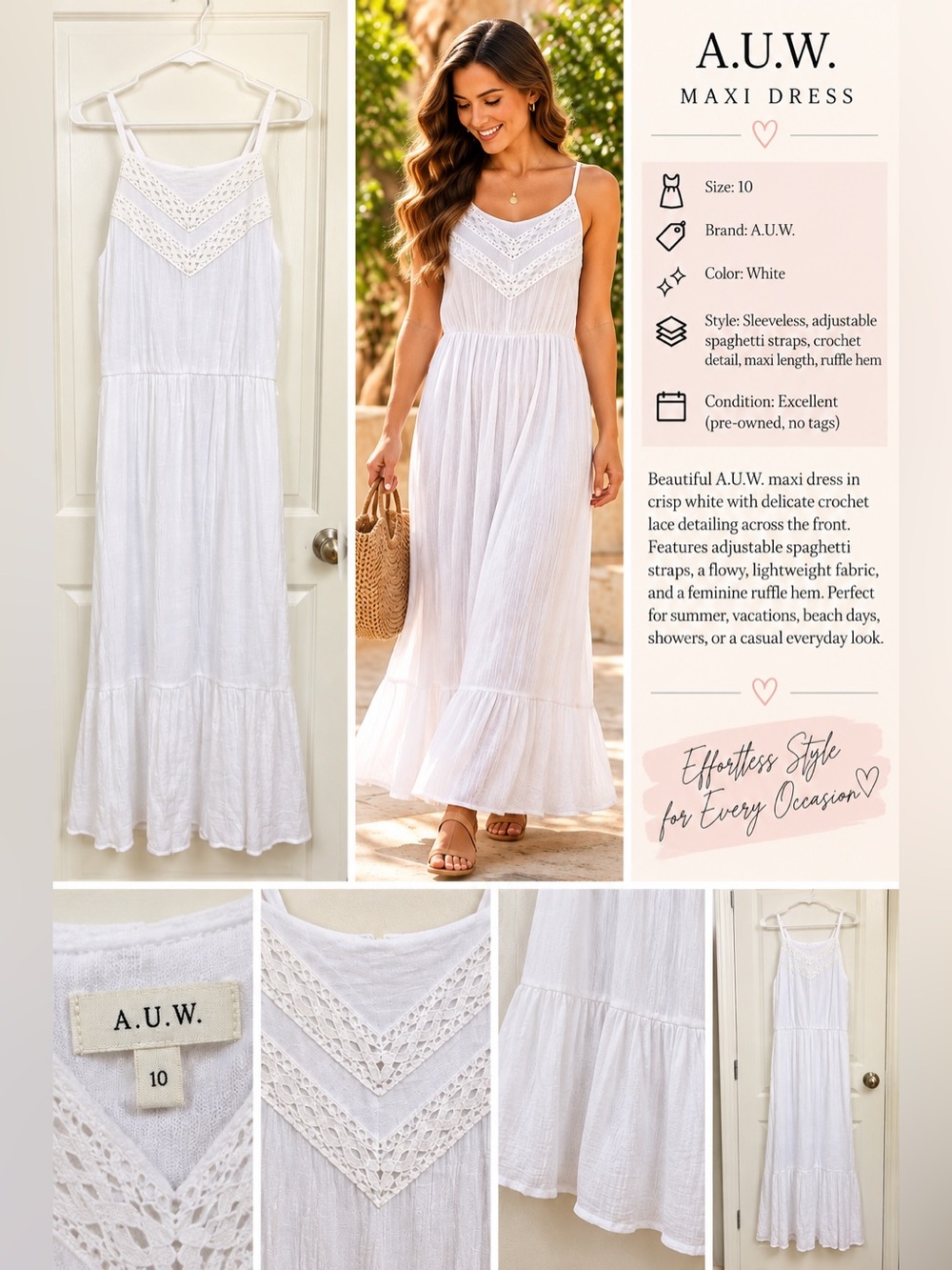 AUW White Crochet-Trim Maxi Dress